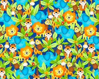 Blue Elephant Fabric, Monkey Fabric, DIY Baby Shower Gifts, Novelty Fabric, Cotton Fabric By The Yard, Quilting Fabric, 1 yard fabric, Quilt