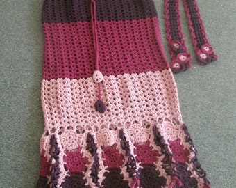 Hand Crocheted Mauve and Pink Three Color Full Length Skirt and Scarf Set