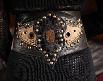 Black Leather Underbust Corset Belt - Boho Tribal Belt- Steampunk Wide Waist Leather Bodice - Western Corset Belt - Leather Body Harness
