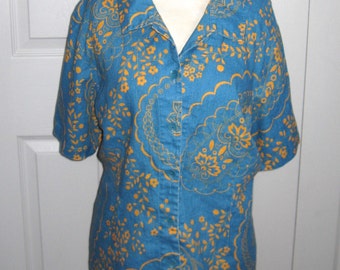 flax blouse . flax . blue and orange blouse . size L . Flax XL . linen blouse . flax linen blouse . XXL flax . plus size vintage