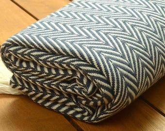 SALE %50 Personalized Smoke Herringbone Design Cotton Blanket - Peshtemal Throw - 52"X72" -130cmx180cm-Monogrammed Embroidered