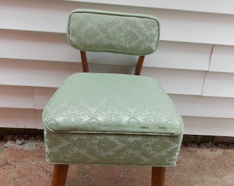 Vintage-Green-Damask-Fabric-Covered-Sewing-Chair-with-Lift-Seat
