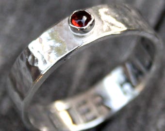 Personalized Sterling Silver Stone Ring - Custom Band with Garnet Stone