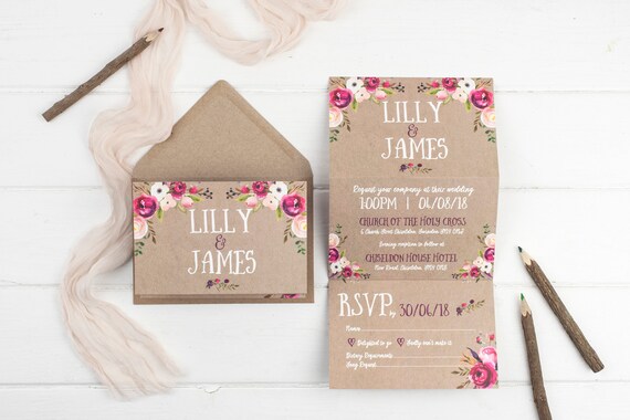 Rustic Wedding Invitation - Kraft Wildflower Z-Fold