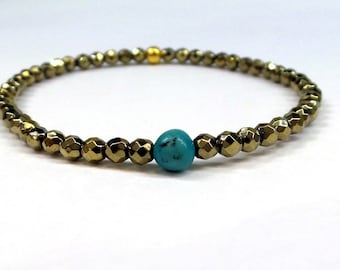 Turquoise Bracelet/ Turquoise and Pyrite Beaded Bracelet/ Beaded Bracelet/ Genuine Turquoise and Pyrite Bracelet