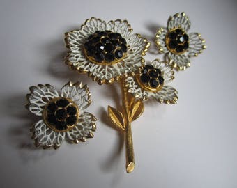 Vintage Brooch and Earring Set Black and White