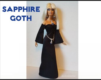 OOAK Model Muse Barbie Doll Clothes SAPPHIRE Goth / Medieval Gown, Cross Belt and Jewelry Set - Custom Fashion - by dolls4emma