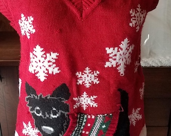 Vintage Ugly Christmas Sweater Vest Pullover Festive Holiday Puppy Dog Scottie