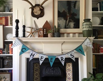 Cheers! Green, Grey, Black and White Fabric Bunting Garland Flag Banner Decoration - Handmade by BNTNG