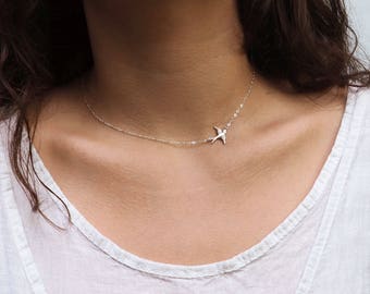 Sterling Silver Bird Necklace, Sideways Bird Necklace, Gold Bird Necklace, Rose Gold Bird Necklace