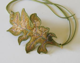 Fiber Art Bun Wrap Green Gold Acanthus Leaf Botanical Woodland Hair Accessory Natural History Nature Lover Gift for Her