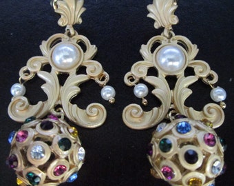Stunning Matte Golden Filligree Fruit Salad Rhinestone Ball Earrings