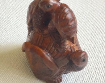 Turtle Ride Japanese Hand-Carved Boxwood Netsuke Bead
