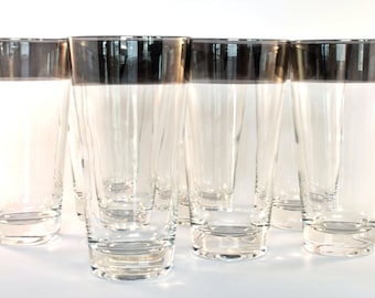 Wide Silver Tone Rimmed Highball Glasses (Set of 8)
