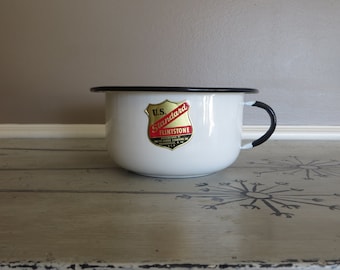 White and Black Enamelware Bowl with Handle U S Standard Flintstone Pot