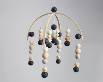 Navy, White, Grey Beaded Felt Ball Mobile