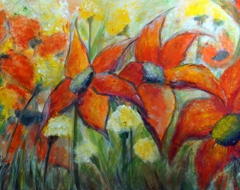 Summer Flowers Original Large Painting Orange Cream Gray Yellow Floral Canvas Art by Luiza Vizoli 36x24 ORANGE DAHLIAS