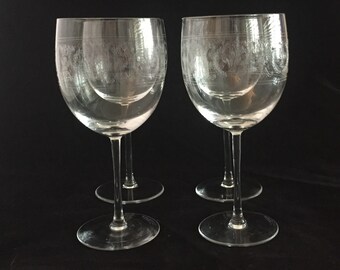 Val St Lambert Crystal Wine Glasses, Set of 4 Belgian Etched Crystal Stemware, Fleur de Lis Pattern
