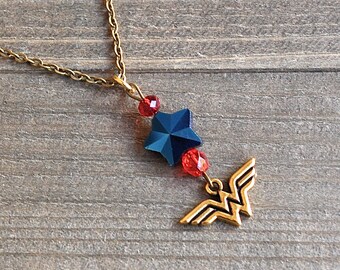 Wonder Woman Necklace Superhero Style Gold Comic Charm Blue & Red Glass Bead Justice League Fans Megacon Comic Book Lover Pendant