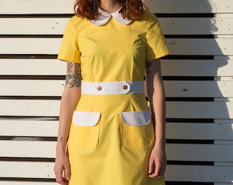 Peter pan collar dress cotton yellow white bow mod 1960s dress