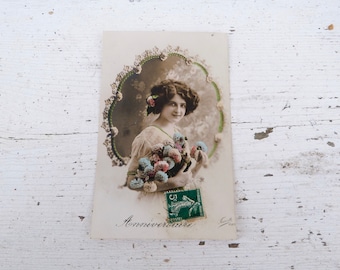 Antique 1900/1910s postcard French real photo recolored women with bouquet Birthday
