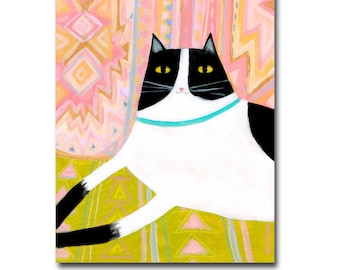 ORIGINAL cat painting South West pastel colored pillows with black and white cat original acrylic cat folk art painting by Tascha