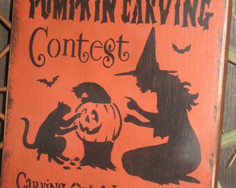 Primitive Lg Holiday Wooden Hand Painted Halloween Salem Witch Sign - " Salem's Pumpkin Carving Contest " Country Rustic Folkart