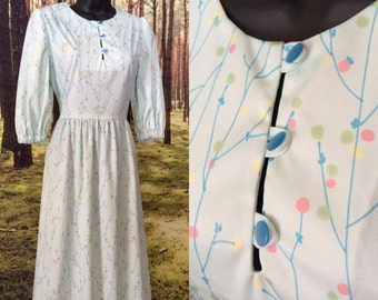 70s Spring Blue Dress / Mod Floral Print / Puff Sleeves