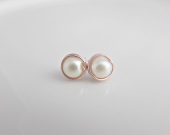 Rose Gold Pearl Earrings, Pearl Earrings, Wrapped Pearl Earrings, Bridesmaid Gifts, UK Seller, Girl Gifts, Pearl Post Earrings, Pearl Studs