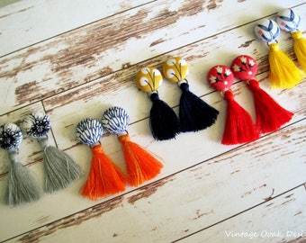 Tassel Button Earrings, Button Studs, Button Jewelry,Fabric Button Earrings,Tassel Earrings, Tassel Studs,Fabric Jewelry, Textile Earrings