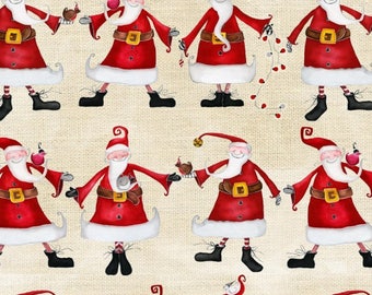 Santa fabric, folk art Christmas fabric, Around Town by Studio E Free Domestic Ship over 50