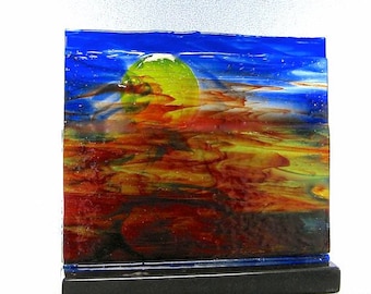 Watercolor Sunset Sunrise Art Glass Sculpture Panel Artist Signed