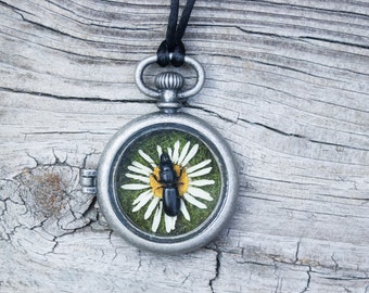 Pocket Watch Still Life Necklace with Beetle