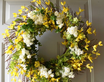 Spring Everyday Wreath, Summer Wreath, Green Yellow Wreath, Yellow Forsythia Wreath, Rustic Wreath