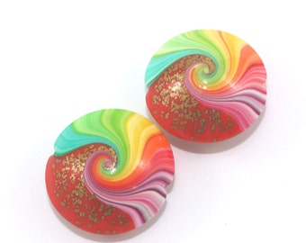 Colorful Polymer Clay beads, swirl lentil beads with tiny gold dots, elegant beads Set of 2