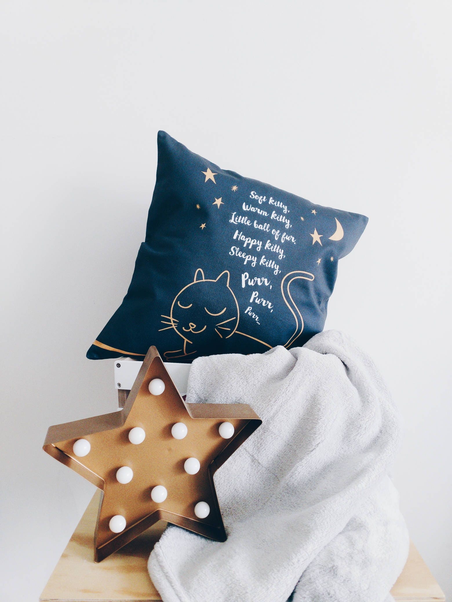 Soft kitty Warm kitty Lullaby Pillow Cat Moon and Stars