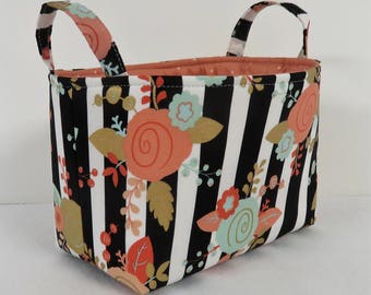 Fabric Organizer Storage Container Bin Basket Diaper Caddy Nursery Decor Home Decor - Mod Flowers on Black White Stripe Fabric