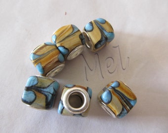 6 big-hole lamp work beads in turquoise and browns
