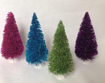 Four-4 Inch Bottle Brush Trees,Glittered Sisal Trees, Fuscia/pink,Green,Purple,Blue Bottle Brush Tree, Christmas Decor