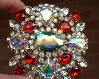 Vintage Pin or Brooch, Red & Clear Aurora Borealis Crystal, Signed