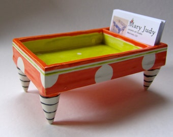 whimsical pottery Desk Dish -- business card & candy holder colorful ceramics, kitchen desk, bright chartreuse, tangerine orange polka-dots