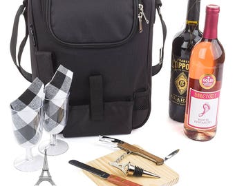 Insulated Travel Wine Tote Bag: Portable 2 Bottle Wine and Cheese Waterproof Black Canvas Carrier Bag Set with Picnic Kit