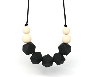 Silicone Teething Necklace - Black necklace - Bite Beads Nursing Necklace Jewelry - Teether Chewing Beads - Chew Jewelry Beads - Bitty Bites