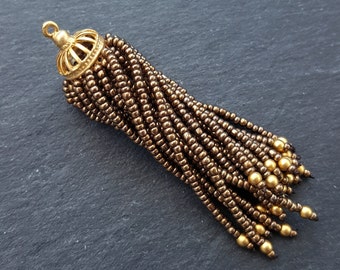 Long Bronze Beaded Tassel - 22k Matte Gold Plated Brass - 1PC