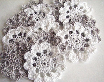 Crochet Thread Flowers - 12 White and Grey/Silver Appliques