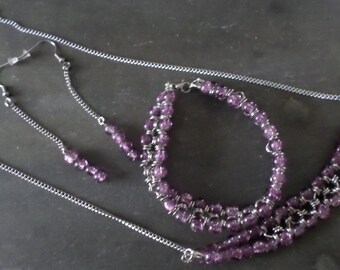 Purple glass bead chain mail set comprising of necklace, bracelet and drop earrings