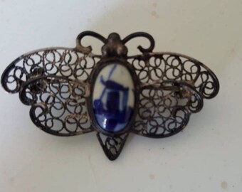 Vintage Delft Butterfly pin/brooch with Windmill and Filigree