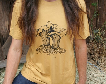 Tee Shirt Men's Chanterelle Mushroom Nature Screen Print Mustard Yellow Bamboo Organic Cotton