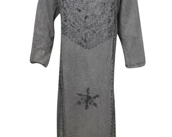 Sunshine Neutral Gray Stonewashed Embroidered Maxi Dress Long Sleeves Hippie Chic Summer Rayon Dresses