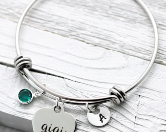 Gigi Bracelet - Personalized Birthstone & Initial - Gigi Jewelry - Mother's Day Gift for Gigi - Bangle Bracelet for Grandma - Engraved